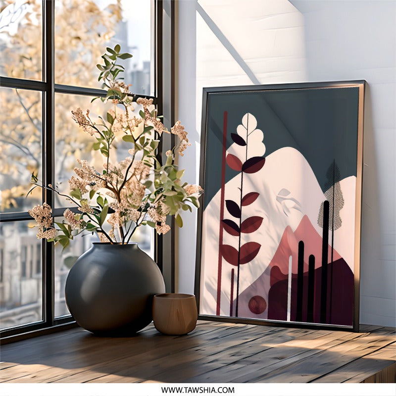 Abstract Landscape Wall Art, Minimalist Mountain Print, Geometric Trees Poster, Modern Art Decor, Nature Inspired Artwork - Tawshia