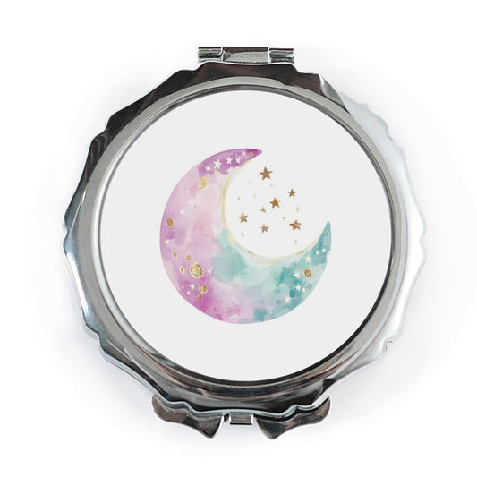 Watercolor Moon Pocket Mirror, Celestial Mirror, Crescent Moon Star Design, Cute Compact Mirror, Gift for Her, Makeup Mirror - Tawshia