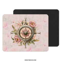 Compass Rose Mouse Pad, Floral Mousepad, Pink Flower Mouse Pad, Office Decor, Gaming Mousepad, Gift for Her - Tawshia