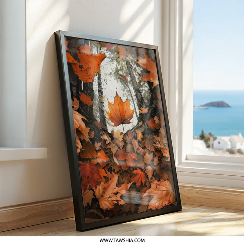 Autumn Leaves Wall Art, Fall Foliage Decor, Orange Maple Leaf Print, Nature Photography, Forest Scene Art, Seasonal Wall Decor - Tawshia