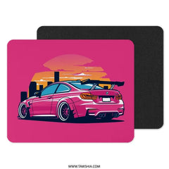 Pink BMW M4 Mouse Pad, JDM Car Art, Automotive Gift, Tuner Culture, Cityscape Sunset, Unique Desk Accessory - Tawshia