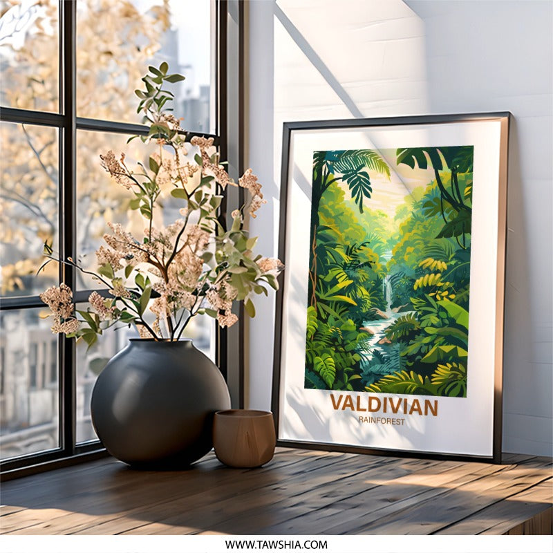 Valdivian Rainforest Wall Art, Jungle Waterfall Print, Nature Landscape Poster, Tropical Forest Decor, Exotic Scenery - Tawshia