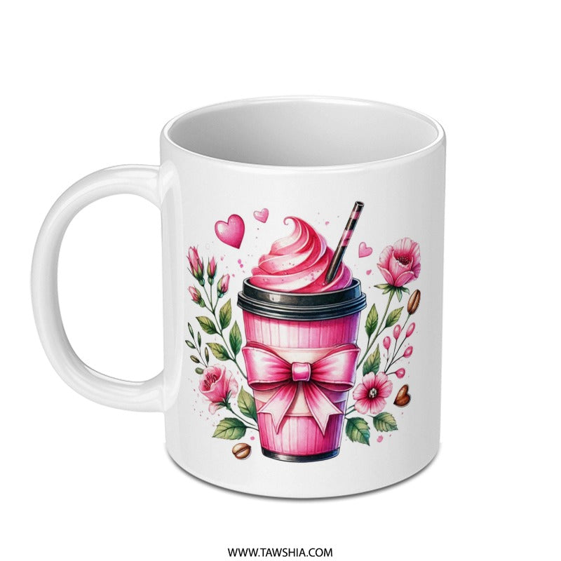 Pink Drink Mug, Floral Coffee Cup, Latte Art, Cute Coffee Mug, Gift for Her, Coffee Lover Gift, Unique Mug Design, Tea Cup, Gift Mug - Tawshia