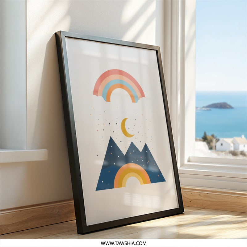 Modern Mountain Wall Art, Rainbow Print, Boho Nursery Decor, Celestial Landscape, Kids Room Decor, Minimalist Art Print, Framed Art - Tawshia