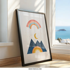 Modern Mountain Wall Art, Rainbow Print, Boho Nursery Decor, Celestial Landscape, Kids Room Decor, Minimalist Art Print, Framed Art - Tawshia