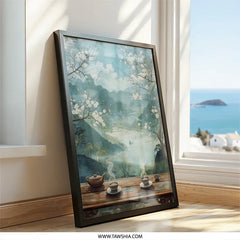 Serene Tea Time Wall Art, Oriental Landscape Print, Mountain View Artwork, Peaceful Home Decor, Blooming Cherry Blossoms, Asian Scenery - Tawshia
