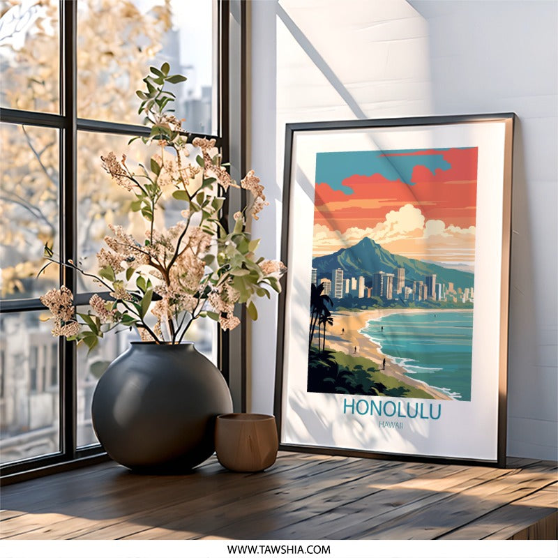 Honolulu Hawaii Wall Art, Beach Cityscape Print, Tropical Island Decor, Modern Travel Poster, Vacation Home Gift, Hawaii Artwork - Tawshia