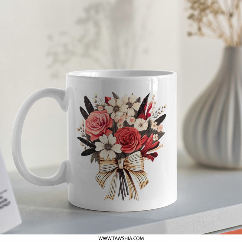 Floral Bouquet Mug, Roses and Ribbon Coffee Mug, Flower Lover Gift, Elegant Drinkware, Unique Design, Decorative Mug (139 characters) - Tawshia