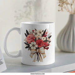 Floral Bouquet Mug, Roses and Ribbon Coffee Mug, Flower Lover Gift, Elegant Drinkware, Unique Design, Decorative Mug (139 characters) - Tawshia