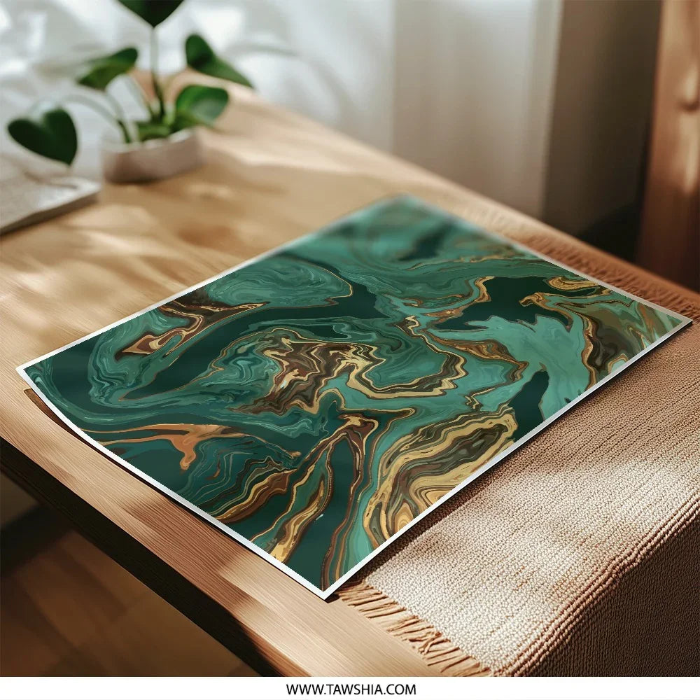Emerald Gold Abstract, Fluid Art Photographic Print, Marble Texture Wall Decor, Modern Art Print, Home Decor, Stylish Art Print - Tawshia
