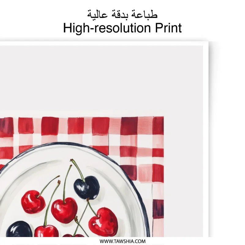 Cherry Blueberry Photographic Print, Kitchen Wall Art, Fruit Still Life, Summer Decor, Gingham Print, Foodie Gift, Berry Art - Tawshia