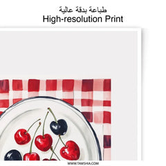 Cherry Blueberry Photographic Print, Kitchen Wall Art, Fruit Still Life, Summer Decor, Gingham Print, Foodie Gift, Berry Art - Tawshia