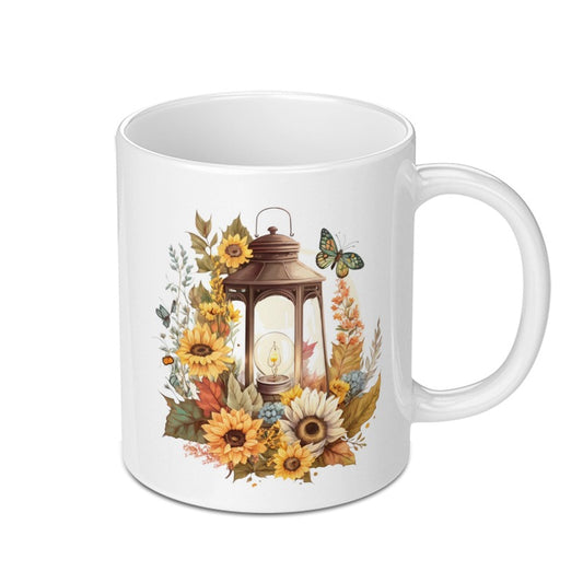 Lantern Sunflower Mug, Floral Mug, Butterfly Decor Mug, Autumn Flower Coffee Mug, Fall Theme Tea Cup, Nature Lover Gift, Gift for Her - Tawshia