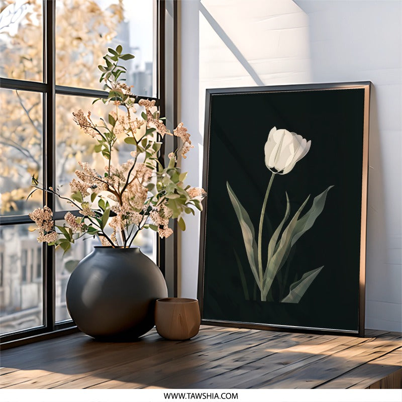 White Tulip Wall Art, Floral Print, Minimalist Decor, Botanical Wall Decor, Flower Art Print, Modern Home Decor - Tawshia