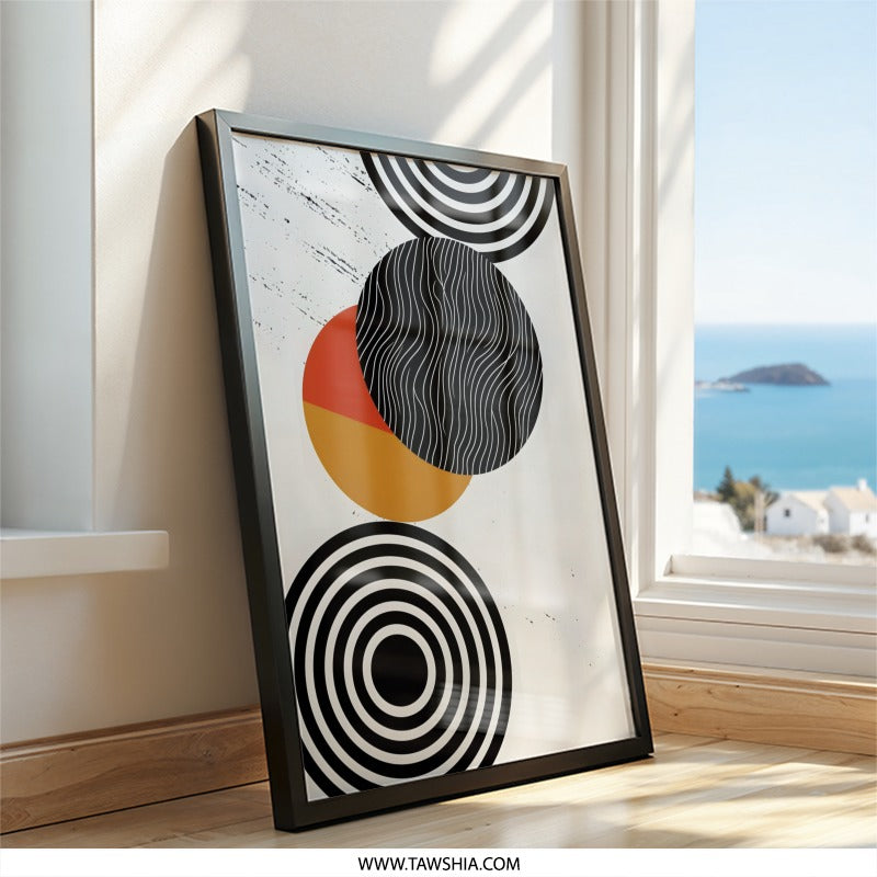 Abstract Circles Wall Art, Geometric Print, Modern Home Decor, Minimalist Art, Trendy Wall Art, Black and Orange Circle Design - Tawshia
