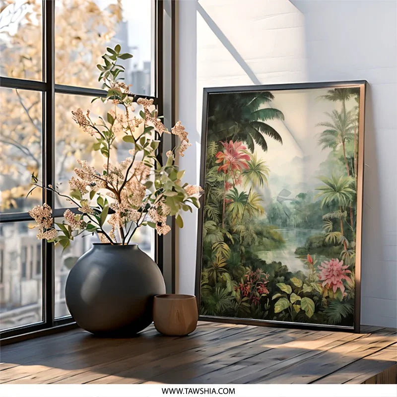 Tropical Paradise Wall Art, Jungle Landscape Print, Exotic Flower Decor, Lush Greenery Artwork, Serene River Scene, Nature Inspired Home - Tawshia