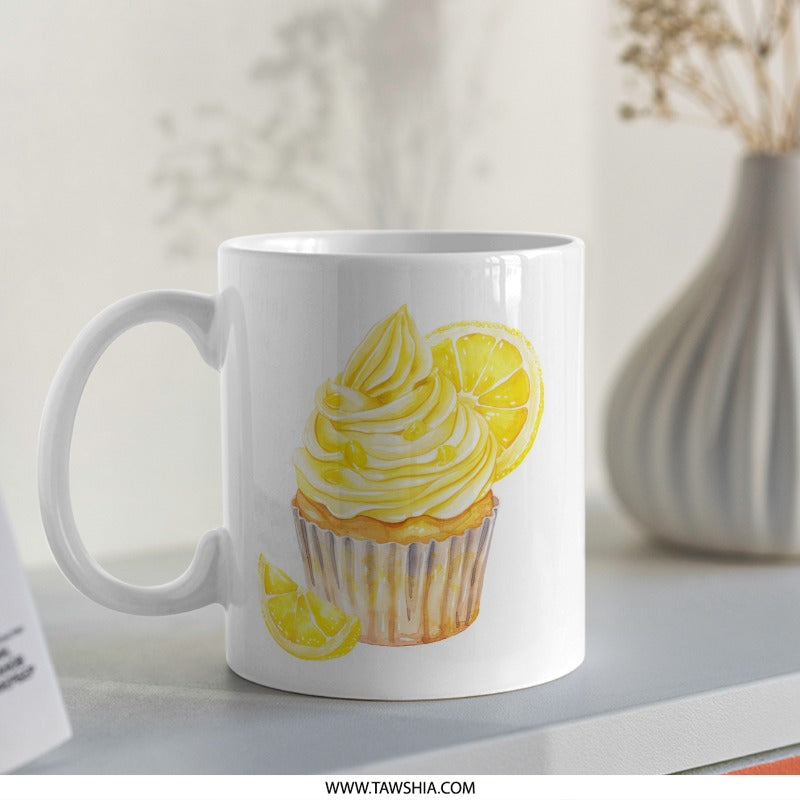 Lemon Cupcake Mug, Watercolor Food Art, Baking Lover Gift, Dessert Coffee Cup, Unique Drinkware, Kitchen Decor, Sweet Treat Mug - Tawshia