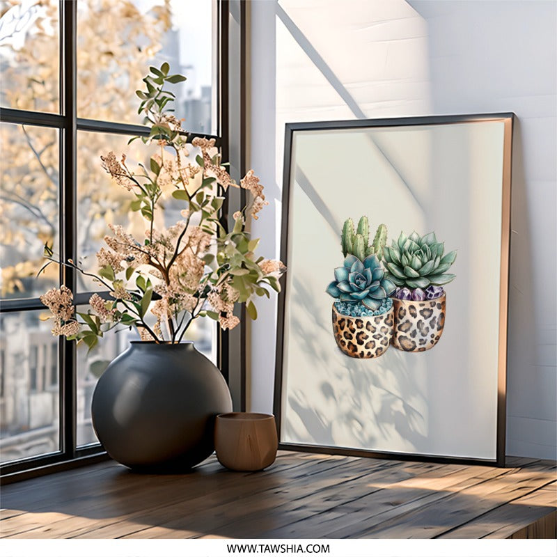 Succulent Wall Art, Leopard Print Planters, Cactus Decor, Home Decor, Botanical Art, Plant Lover Gift, Trendy Wall Decor - Tawshia