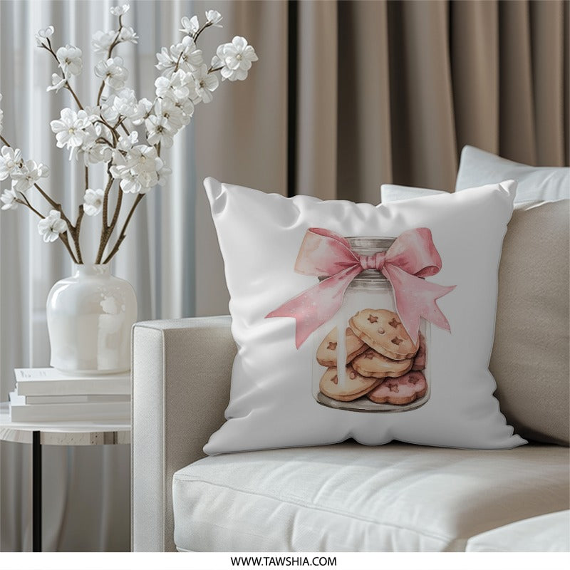Cute Cookies Pillow, Jar with Cookies, Pink Bow Pillow, Holiday Treat Pillow, Kitchen Decor, Unique Gift, Decorative Pillow - Tawshia