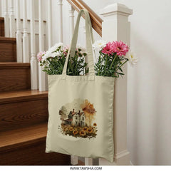 Watercolor Farmhouse Tote Bag, Sunflower Field, Country Home, Fall Colors, Autumn Landscape, Floral Art, Bird Silhouettes - Tawshia