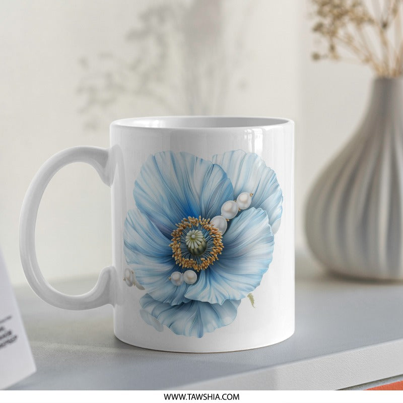 Blue Poppy Mug, Floral Mug, Pearl Accent, Elegant Coffee Cup, Flower Mug, Gift Idea, Stylish Mug, Unique Design, Decorative Mug, Art Mug - Tawshia