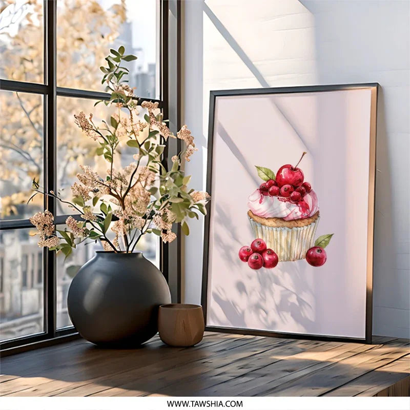 Cherry Cupcake Wall Art, Watercolor Cupcake Print, Sweet Treat Decor, Food Illustration, Kitchen Art, Dessert Poster - Tawshia