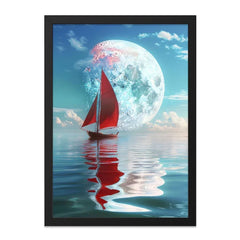 Red Sailboat Wall Art, Moon Art Print, Nautical Theme Decor, Dreamy Seascape Wall Decor, Gift for Sailor, Fantasy Boat Poster - Tawshia