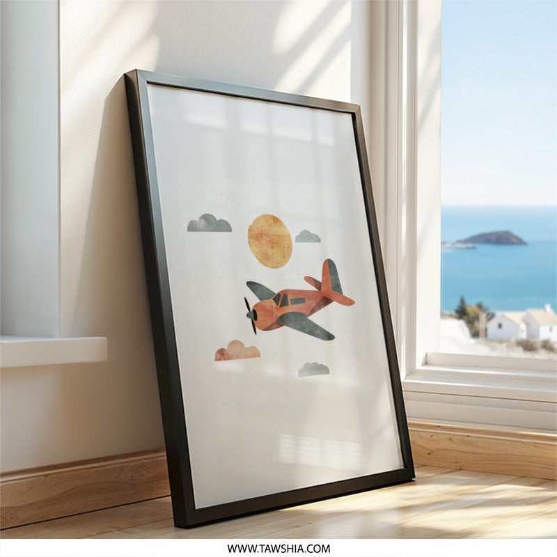 Airplane Wall Art, Airplane and Sun Print, Aviation Art, Kids Room Decor, Nursery Wall Art, Plane Art, Airplane Gift, Plane Lover Gift - Tawshia