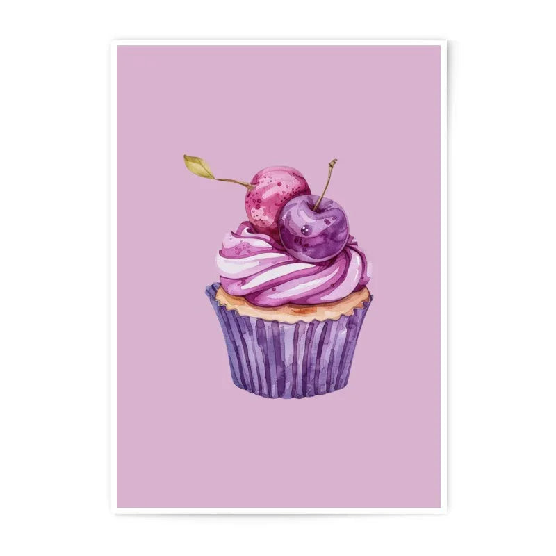 Cupcake Photographic Prints, Purple Cherry Art Print, Food Wall Decor, Sweet Treat Poster, Kitchen Art, Whimsical Print, Yummy Wall Art - Tawshia