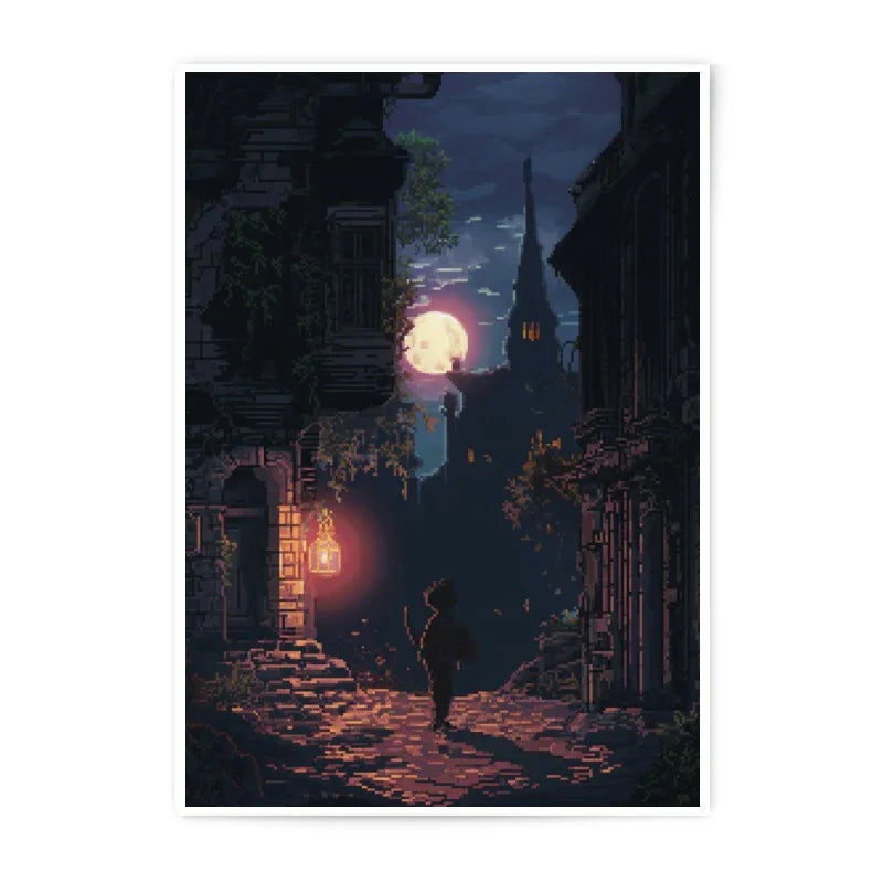 Pixel Art Photographic Print, Full Moon Night Scene, Gothic Architecture Print, Fantasy Art Print, Atmospheric Wall Art, Gift Idea - Tawshia