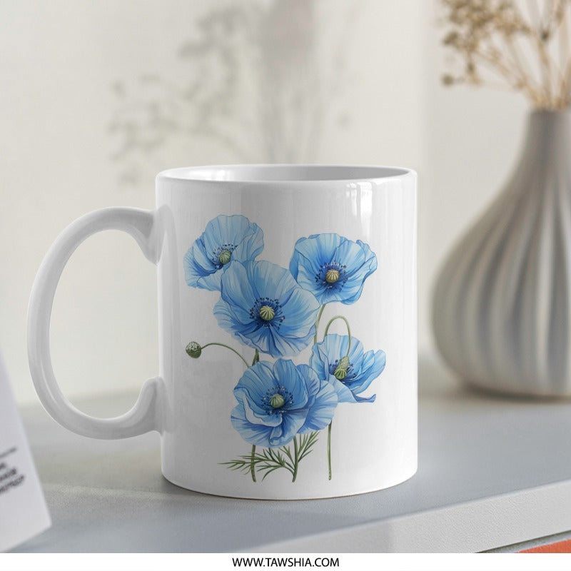 Blue Poppy Flower Mug, Floral Coffee Mug, Watercolor Floral Mug, Spring Mug, Gift for Her, Botanical Mug, Flower Lover Gift - Tawshia
