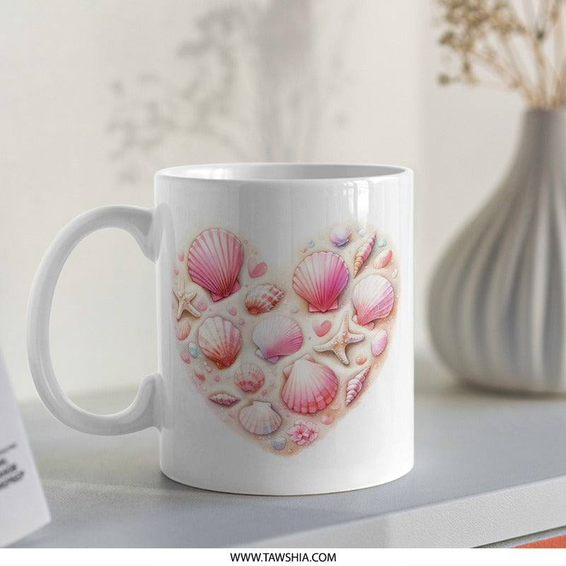 Seashell Heart Mug, Beach Lover Gift, Coastal Decor, Ocean Theme Mug, Pink Seashells Coffee Mug - Tawshia