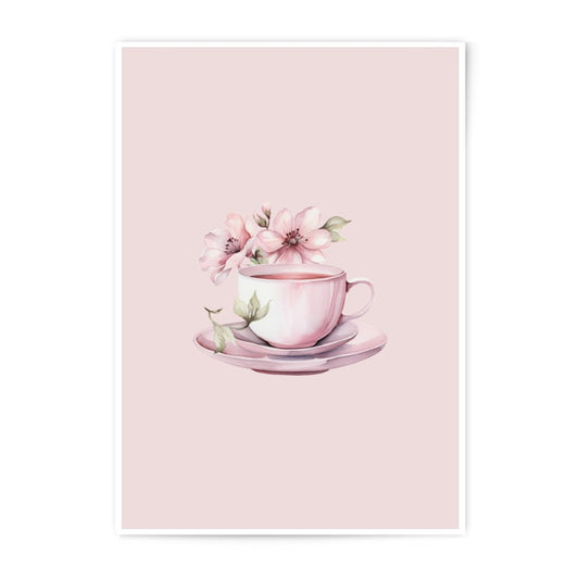 Tea Cup Photographic Prints, Pink Flowers Art, Watercolor Painting, Home Decor, Wall Art, Kitchen Decor, Gift Idea, Floral Still Life - Tawshia