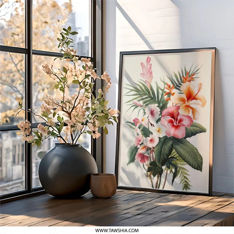 Tropical Floral Wall Art, Hibiscus Flower Print, Exotic Flower Bouquet, Botanical Wall Decor, Hawaiian Flower Art Print, Summer Decor - Tawshia