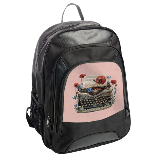 Floral Typewriter Backpack, Vintage Style Rucksack, Flower Laptop Bag, Unique Writer Gift, Stylish Backpack for Students, Travel Backpack - Tawshia