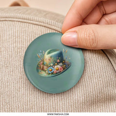 Floral Hat Pinback Button, Cute Hat Button, Colorful Flowers Button, Hat with Flowers Pin, Unique Button, Gift for Friend - Tawshia