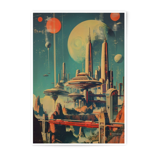 Retro Futuristic City Photographic Print, Sci-Fi Landscape Art, Vintage Spaceport Decor, Utopia Poster, Fantasy World, Wall Art - Tawshia