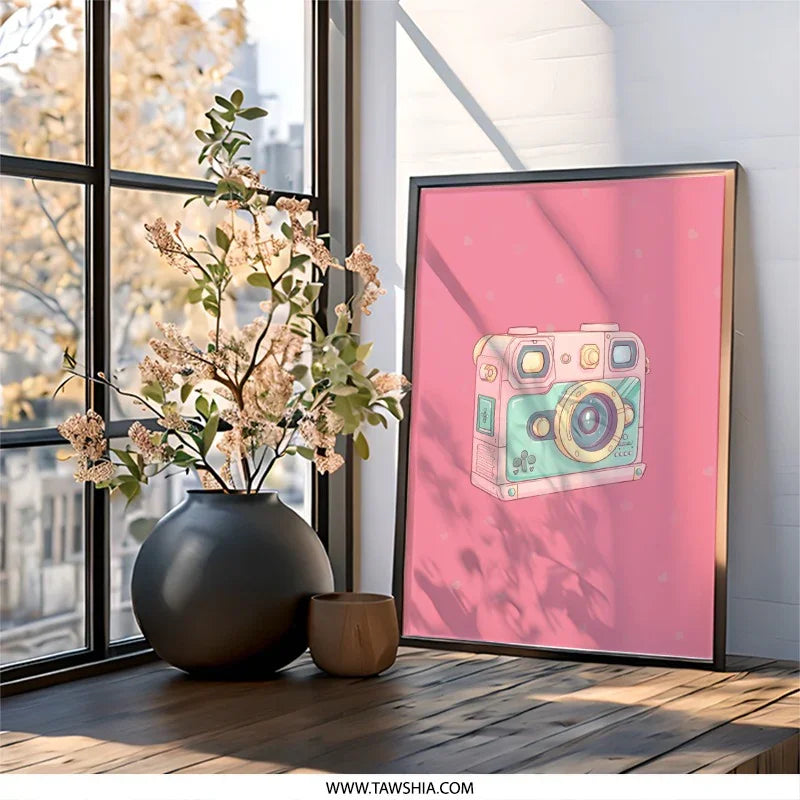 Cute Camera Framed Wall Art, Kawaii Pink Room Decor, Retro Camera Print, Pastel Aesthetic, Trendy Wall Hanging, Black Frame Options - Tawshia