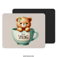 Hello Spring Teddy Bear Mouse Pad, Cute Bear in Tea Cup, Floral Bear PC Accessory, Spring Decor Desk Mat, Animal Lover Gift - Tawshia