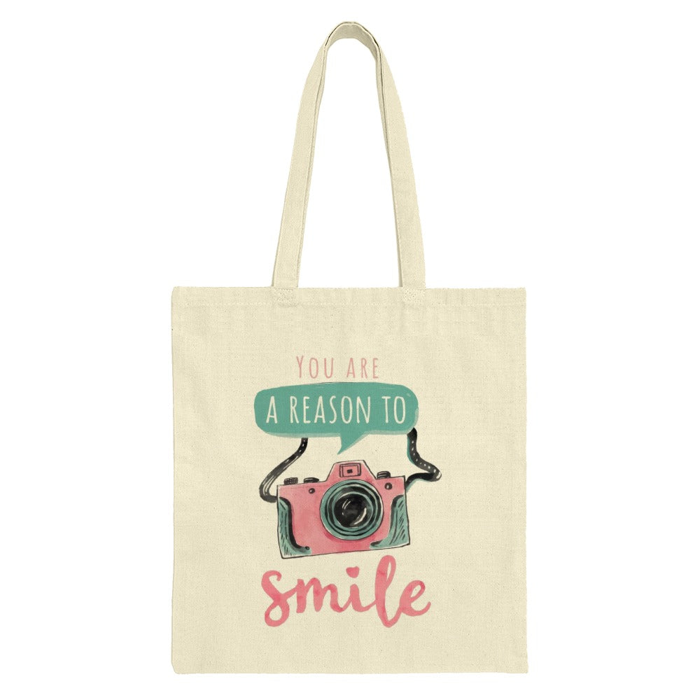 Reason to Smile Tote Bag, Cute Camera Design, Inspirational Quote, Everyday Carry Bag, Photographer Gift, Trendy Tote - Tawshia