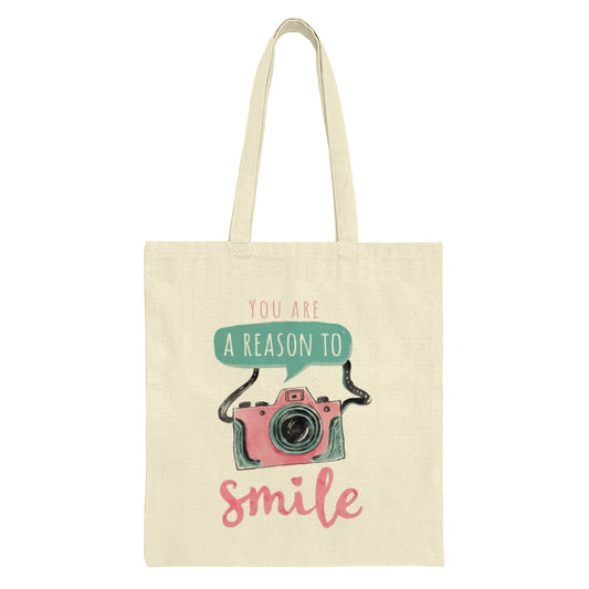 Reason to Smile Tote Bag, Cute Camera Design, Inspirational Quote, Everyday Carry Bag, Photographer Gift, Trendy Tote - Tawshia