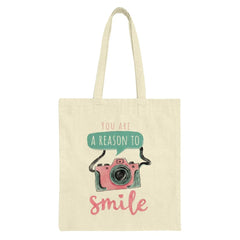Reason to Smile Tote Bag, Cute Camera Design, Inspirational Quote, Everyday Carry Bag, Photographer Gift, Trendy Tote - Tawshia