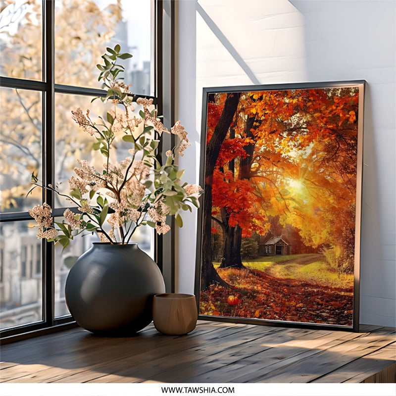 Autumn Forest Wall Art, Fall Landscape Print, Cozy Cabin Painting, Sunlight Through Trees, Thanksgiving Decor, Nature Photography - Tawshia