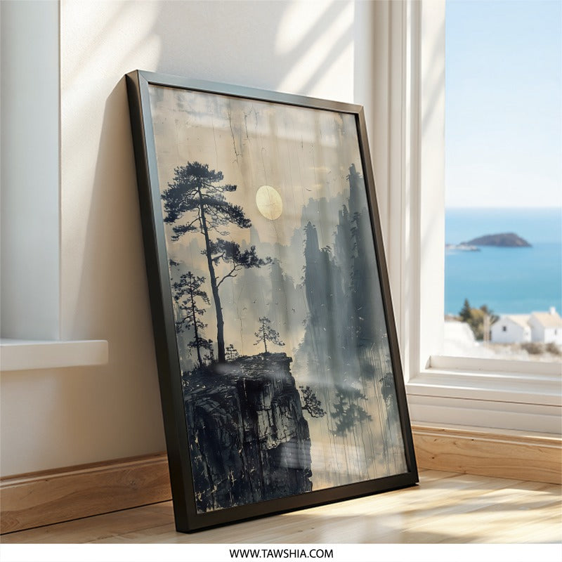 Misty Mountains Wall Art, Asian Landscape Print, Golden Moon, Cliffside Trees, Scenic Wall Decor, Nature Home Art, Serene View - Tawshia
