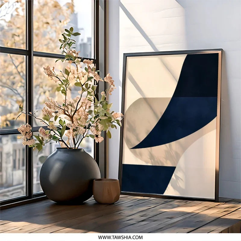 Modern Abstract Wall Art, Geometric Shapes Print, Minimalist Decor, Beige and Navy Artwork, Contemporary Art Print, Home Office Decor - Tawshia