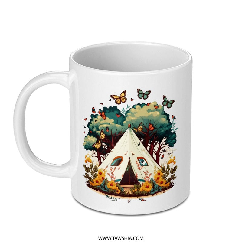 Camping Mug, Butterfly Mug, Nature Lover Mug, Tent Art Mug, Adventure Mug, Outdoorsy Gift, Coffee Mug, Tea Mug, Hot Chocolate Mug, Unique - Tawshia