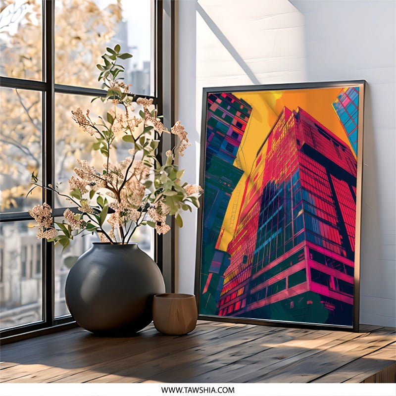 Colorful Skyscraper Art, Urban Wall Art, Cityscape Print, Modern Architecture, Framed Wall Decor, Home Office Art, Vibrant City Art - Tawshia