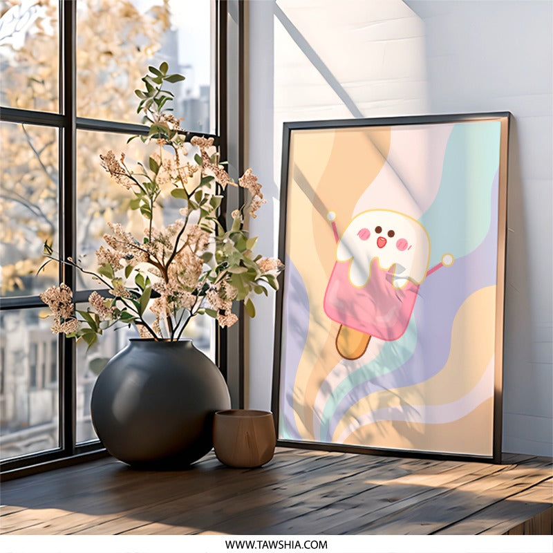 Cute Ice Cream Wall Art, Kawaii Dessert Print, Pastel Aesthetic Room Decor, Smiling Food Illustration, Modern Wall Decor - Tawshia