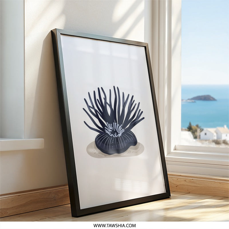 Sea Anemone Wall Art, Ocean Inspired Art, Coastal Decor Print, Modern Home Art, Navy Blue Anemone, Nautical Wall Decor, Trendy Wall Art - Tawshia