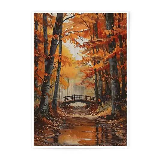 Autumn Forest Photographic Print, Fall Foliage Art, Bridge Over Stream, Nature Wall Decor, Landscape Photo Print - Tawshia